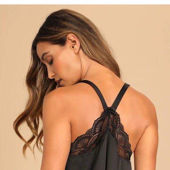 Lulus Let's Sleep In Black Satin Lace Two-Piece Pajama Set - XS - Picture 4 of 5
